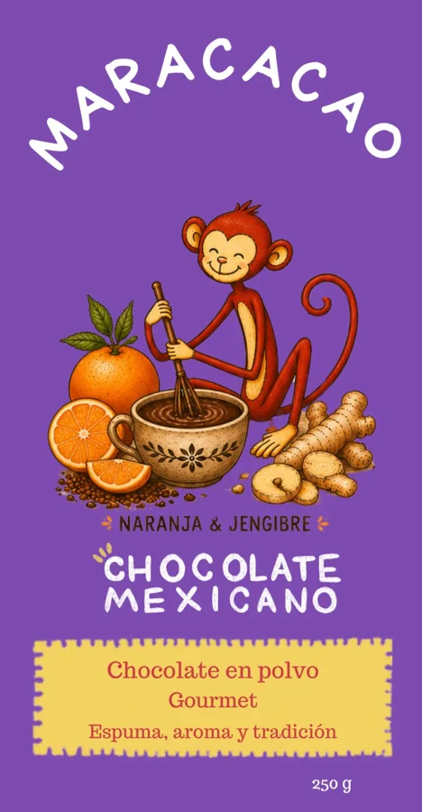Etiqueta del chocolate en polvo sabor Naranja y jengibre
