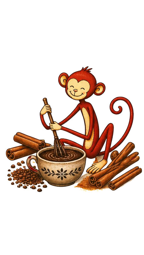 El personaje de Maracacao batiendo chocolate con su molinillo